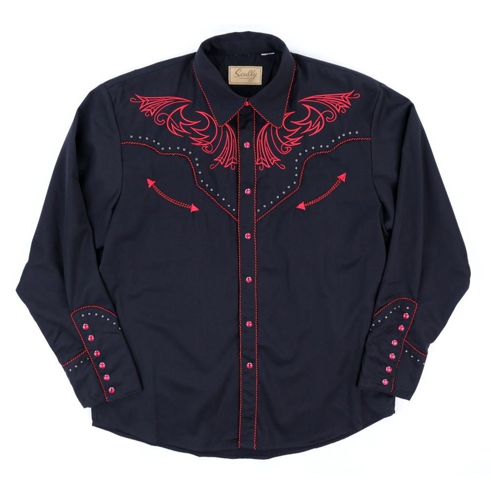 Scully Western Shirt Mens Large Pearl Snap Black Red Embroidery Smile Pockets
